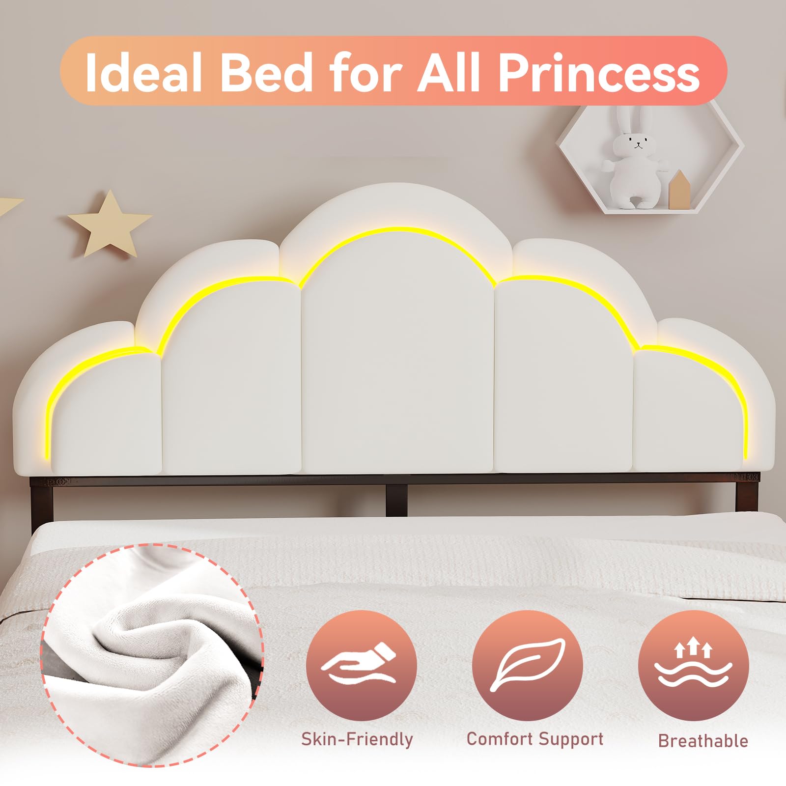 Chic Double Wavy Headboard Velvet Princess Platform Bed