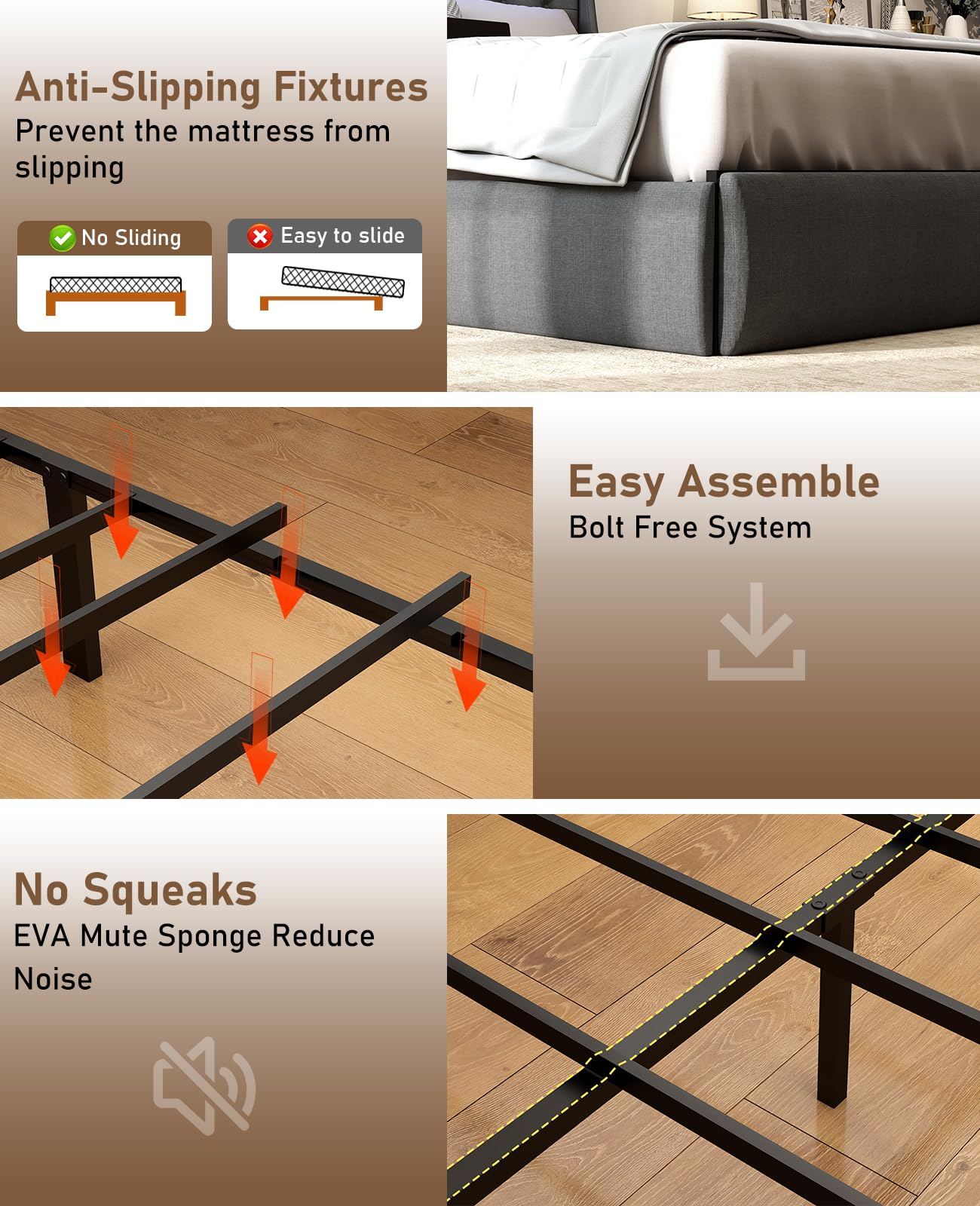 Queen Bed Frame with Storage Headboard and Drawers, Bed Frame Platform with LED Light, Charging Station, No Box Spring Needed, Noise Free, Easy Assembly, Grey