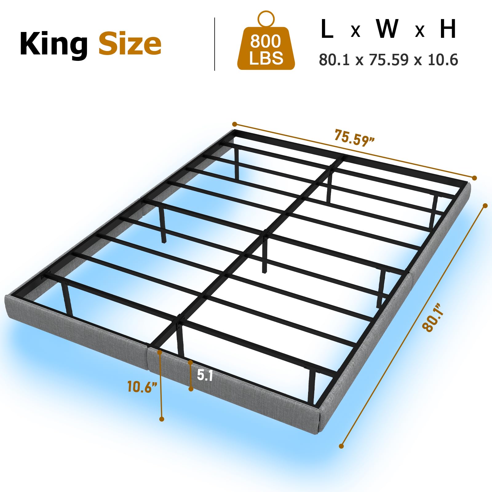 Floating Bed Frame Queen with LED Lights,No Box Spring Needed, Noise Free