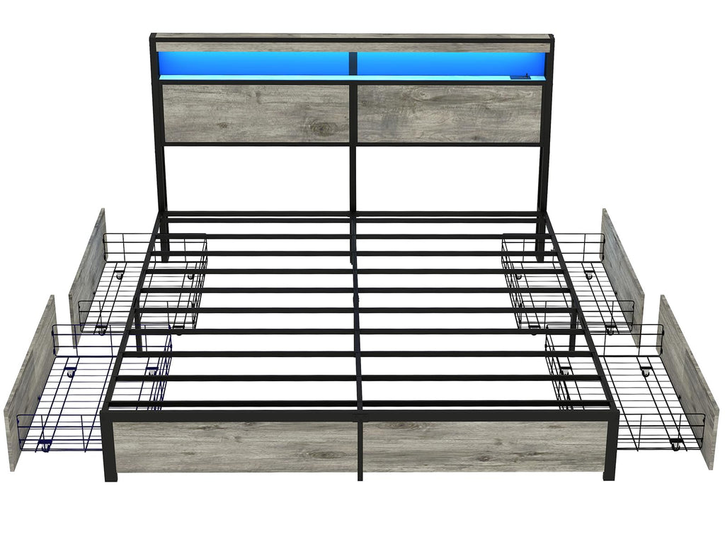 Metal Platform King Bed Frame Wood with 4 Drawers, LED Light, Charging Station, No Box Spring Needed, Noise Free, Easy Assembly, Grey