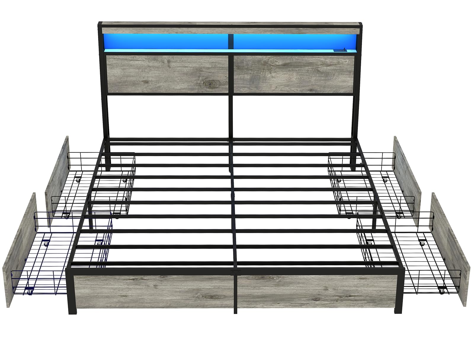 Metal Platform King Bed Frame Wood with 4 Drawers, LED Light, Charging Station, No Box Spring Needed, Noise Free, Easy Assembly, Grey