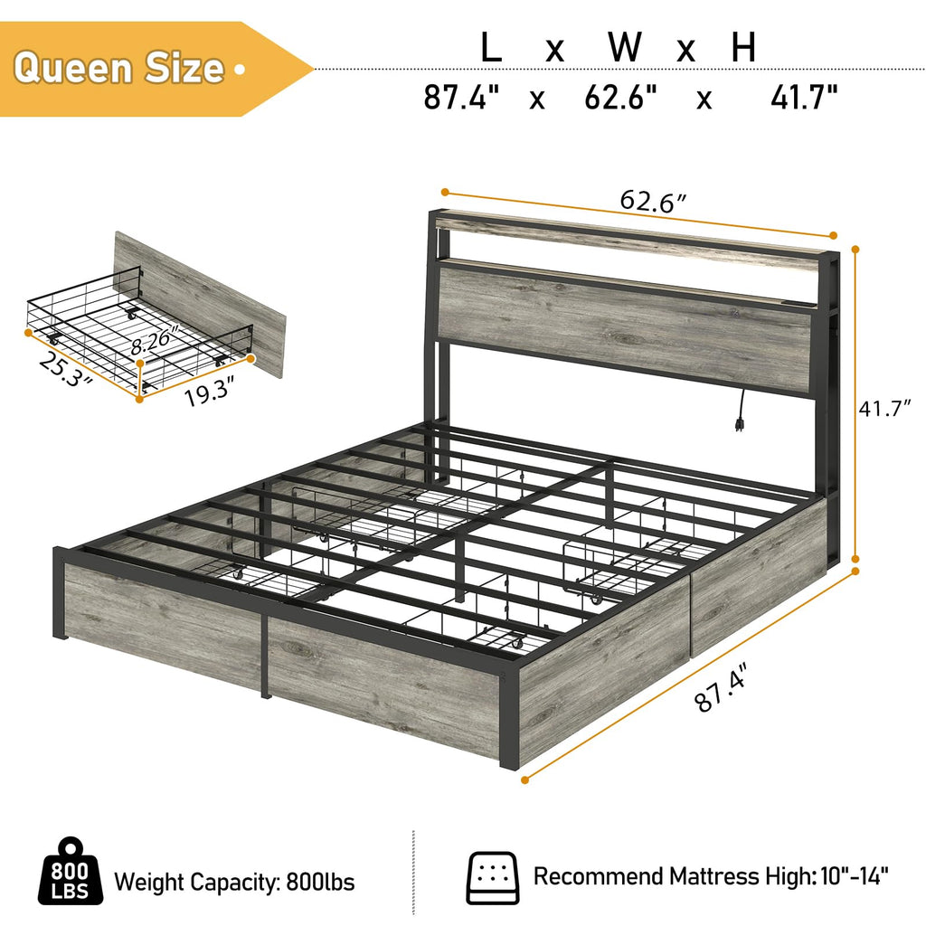 Metal Platform King Bed Frame Wood with 4 Drawers, LED Light, Charging Station, No Box Spring Needed, Noise Free, Easy Assembly, Grey
