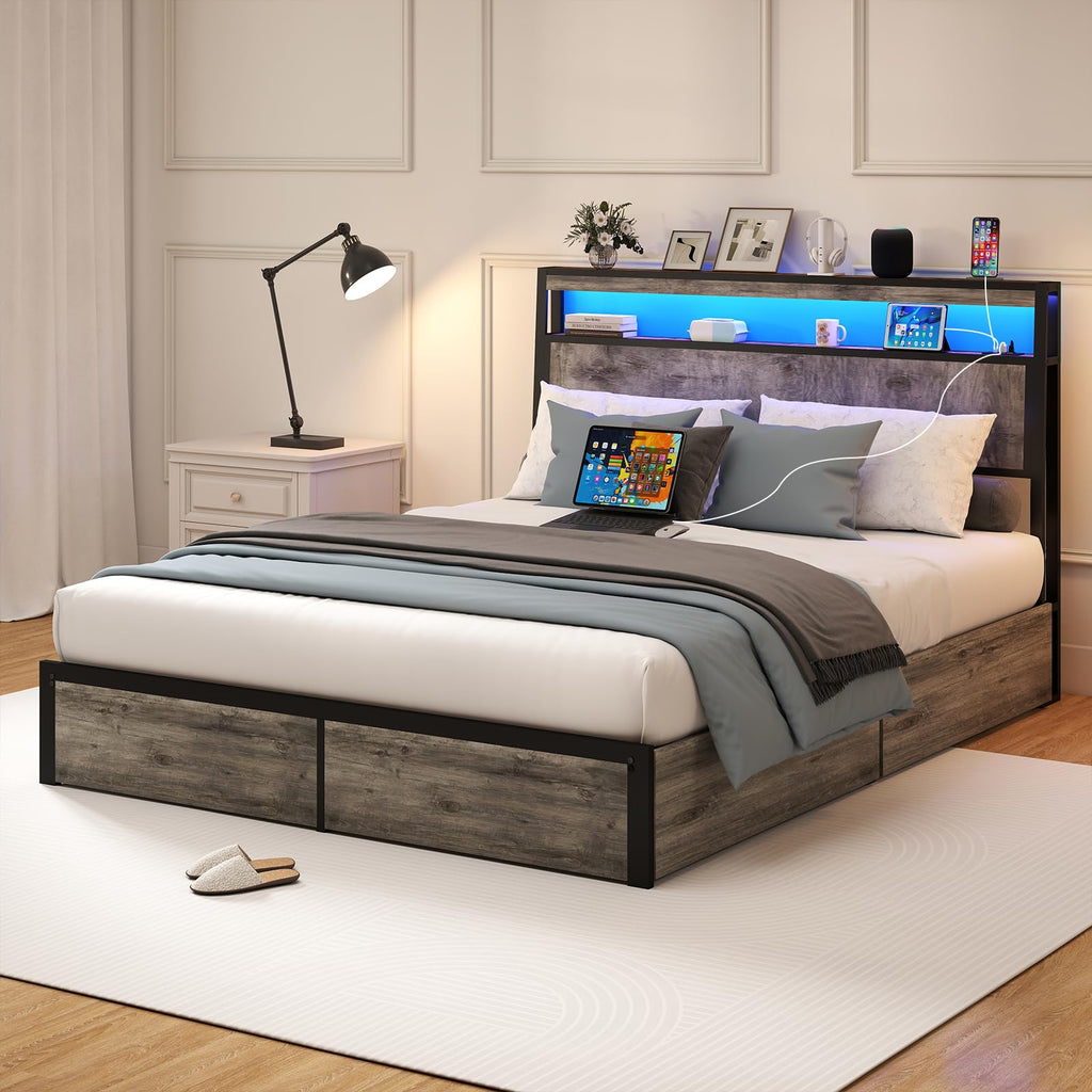 Metal Platform King Bed Frame Wood with 4 Drawers, LED Light, Charging Station, No Box Spring Needed, Noise Free, Easy Assembly, Grey