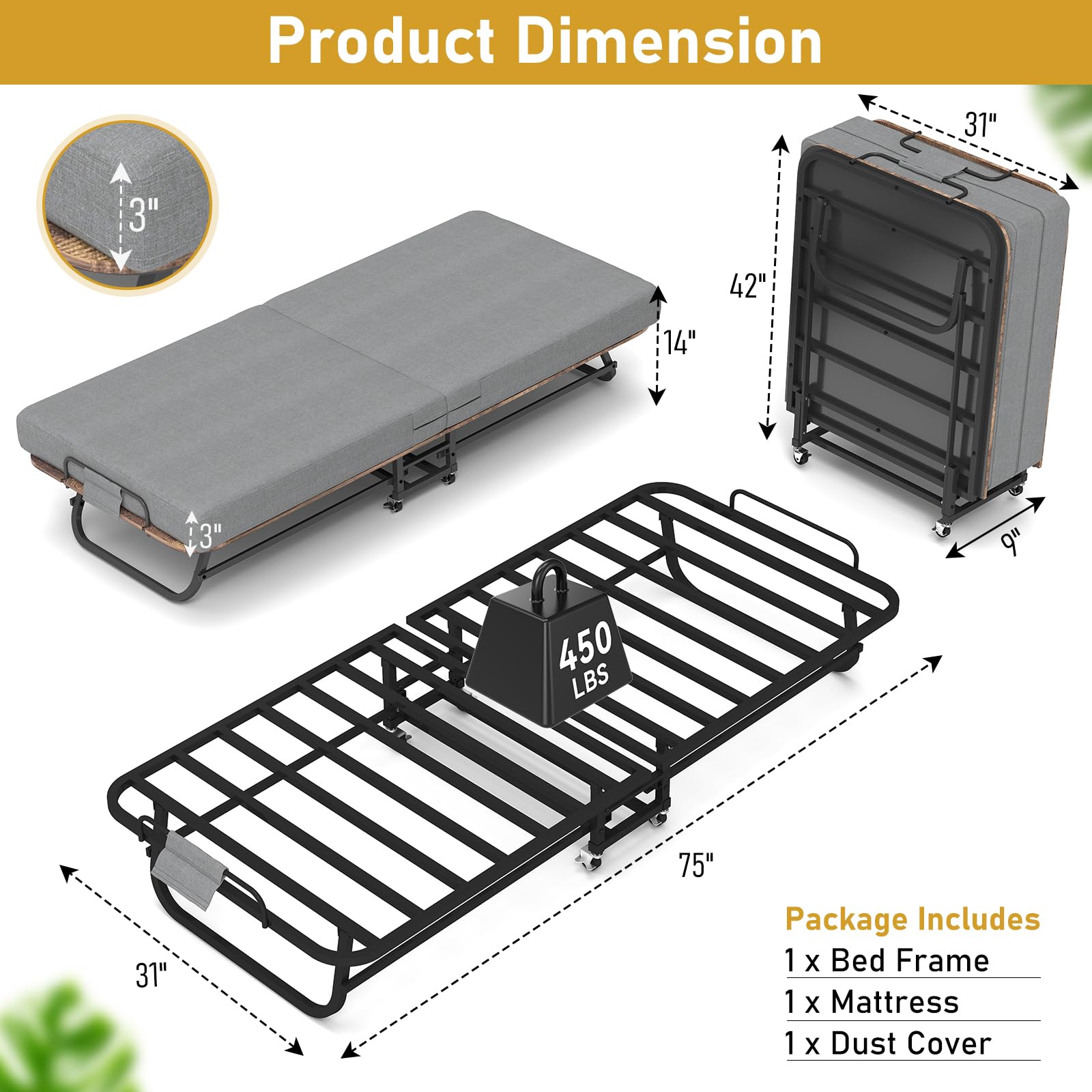 Folding Bed with Mattress for Adults, Portable Foldable Roll Away Bed on Wheels