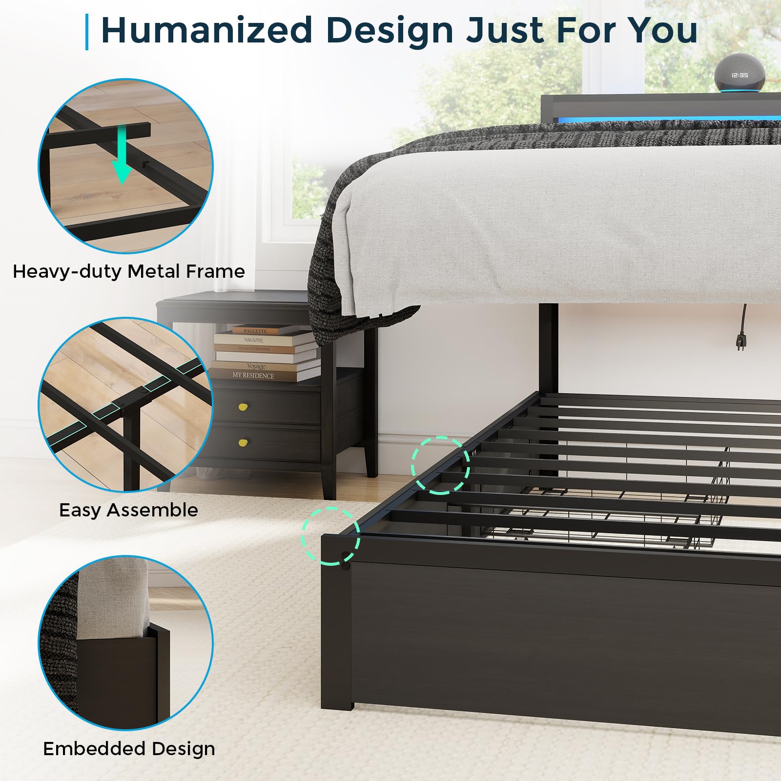 Metal Platform King Bed Frame Wood with 4 Drawers, LED Light, Charging Station, No Box Spring Needed, Noise Free, Easy Assembly, Grey