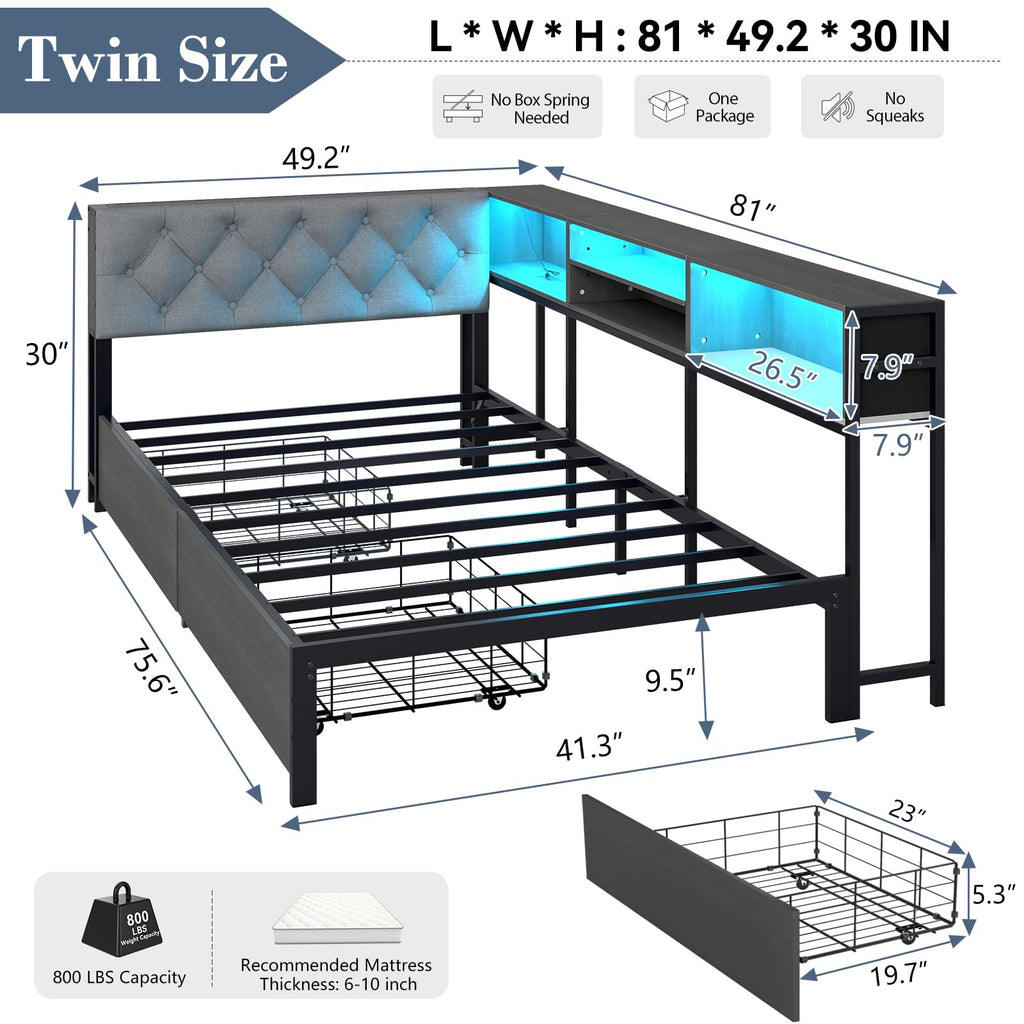 Corner Bed Frame with Storage Bookcase and LED Lights