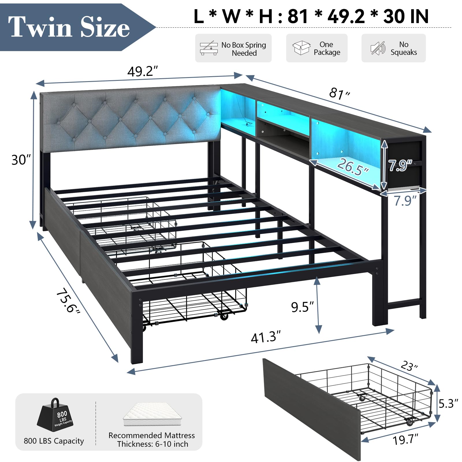 Corner Bed Frame with Storage Bookcase and LED Lights