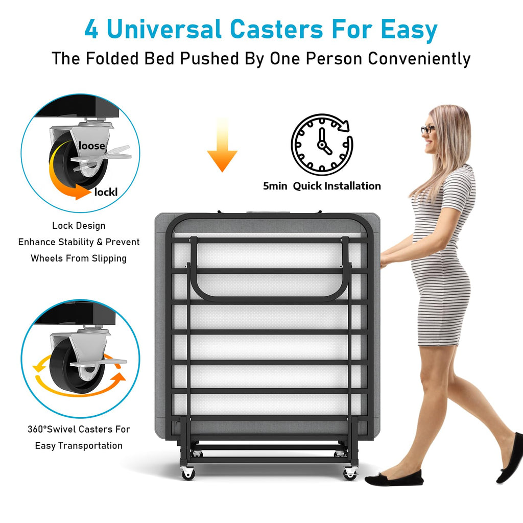 Folding Bed with Mattress for Adults, Portable Foldable Roll Away Bed on Wheels