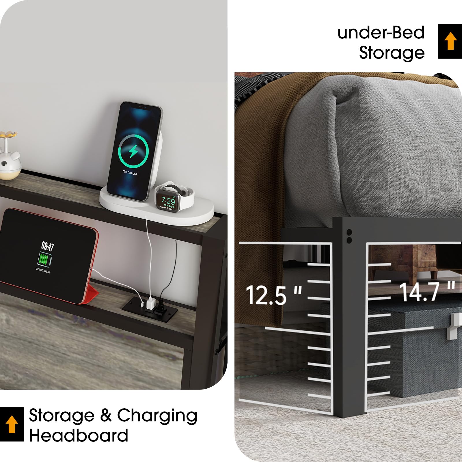 Metal Platform Bed Frame with LED Lights & Charging Station, Under Bed Storage, No Box Spring Needed, Noise Free, Dark Grey