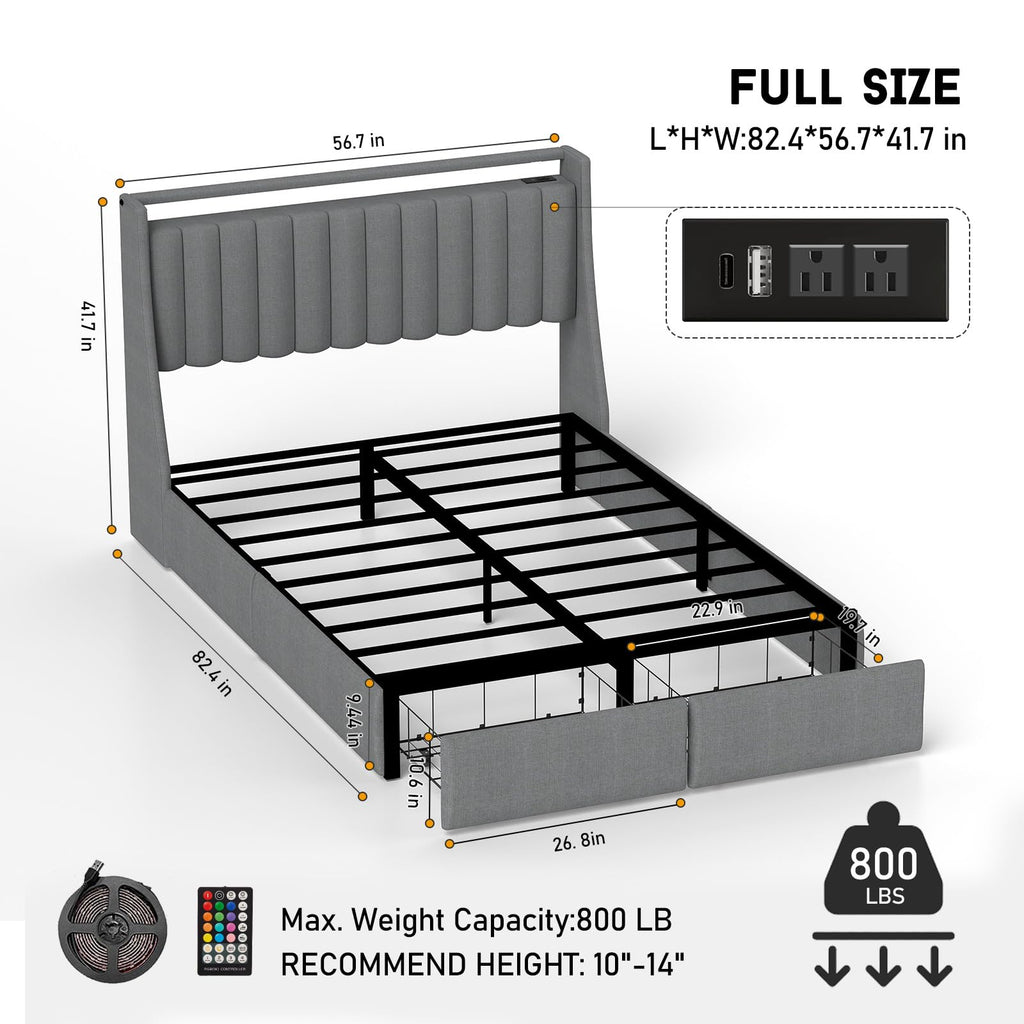 Queen Bed Frame with Headboard and 2 Storage Drawers