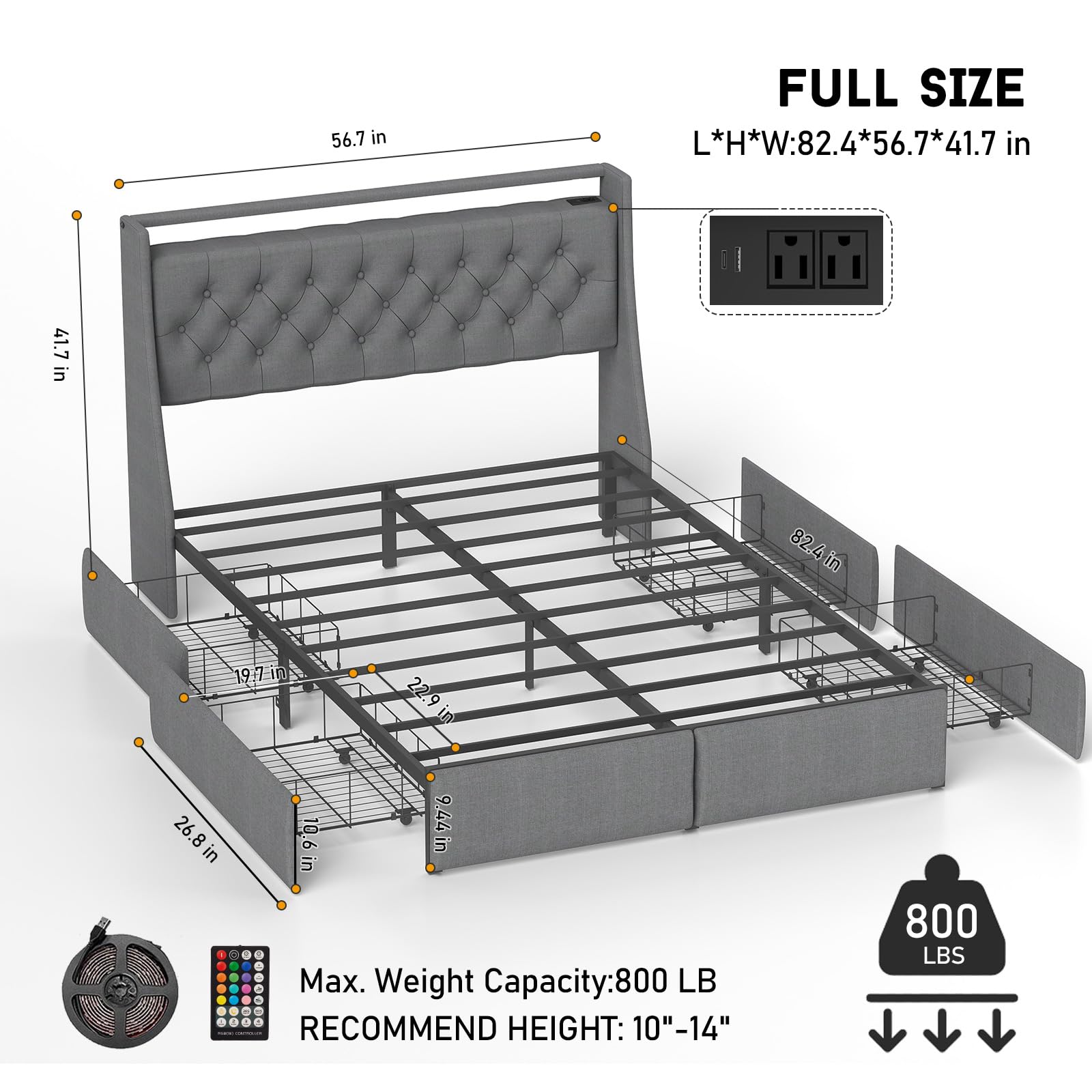 Queen Bed Frame with Headboard and 2 Storage Drawers