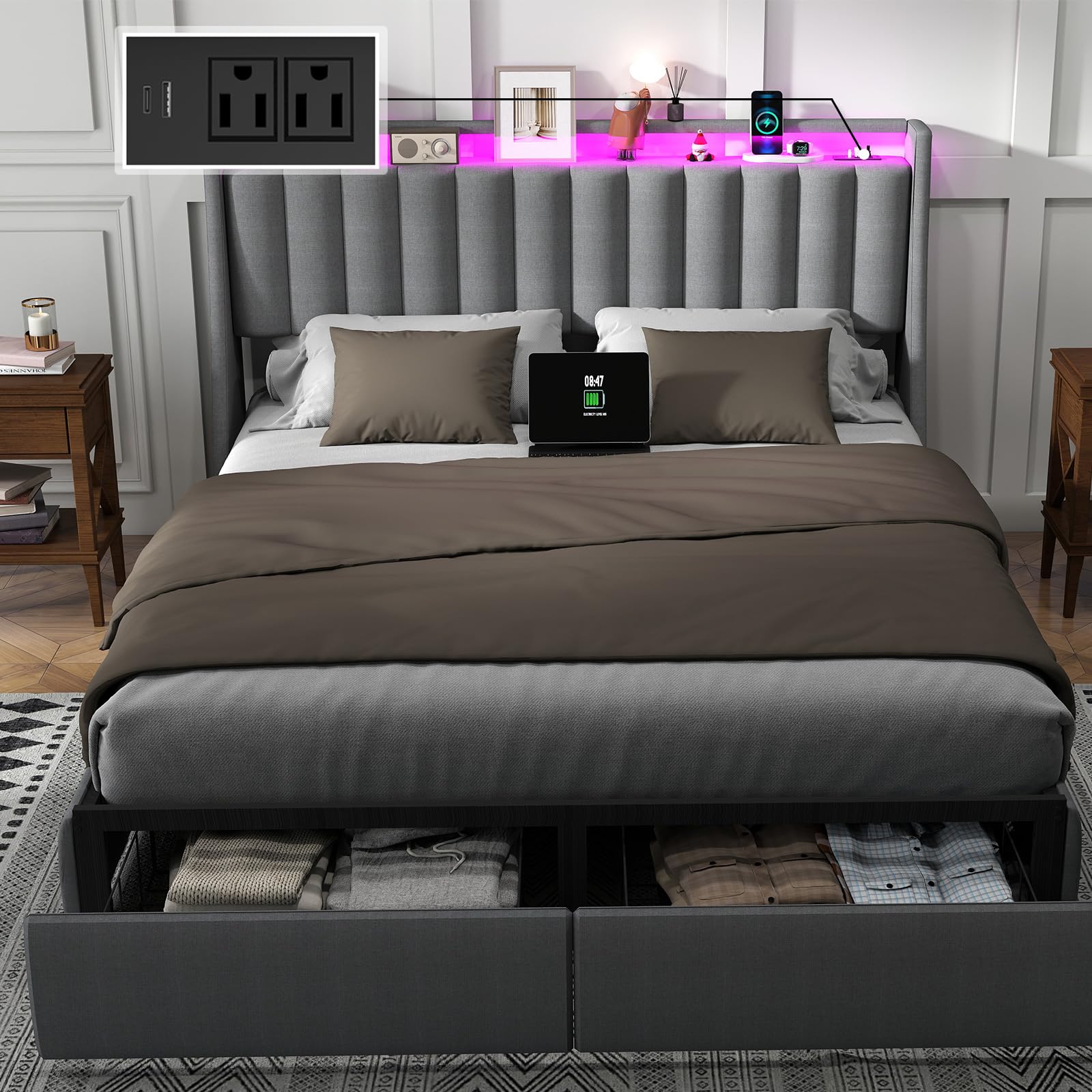 Queen Bed Frame with Headboard and 2 Storage Drawers
