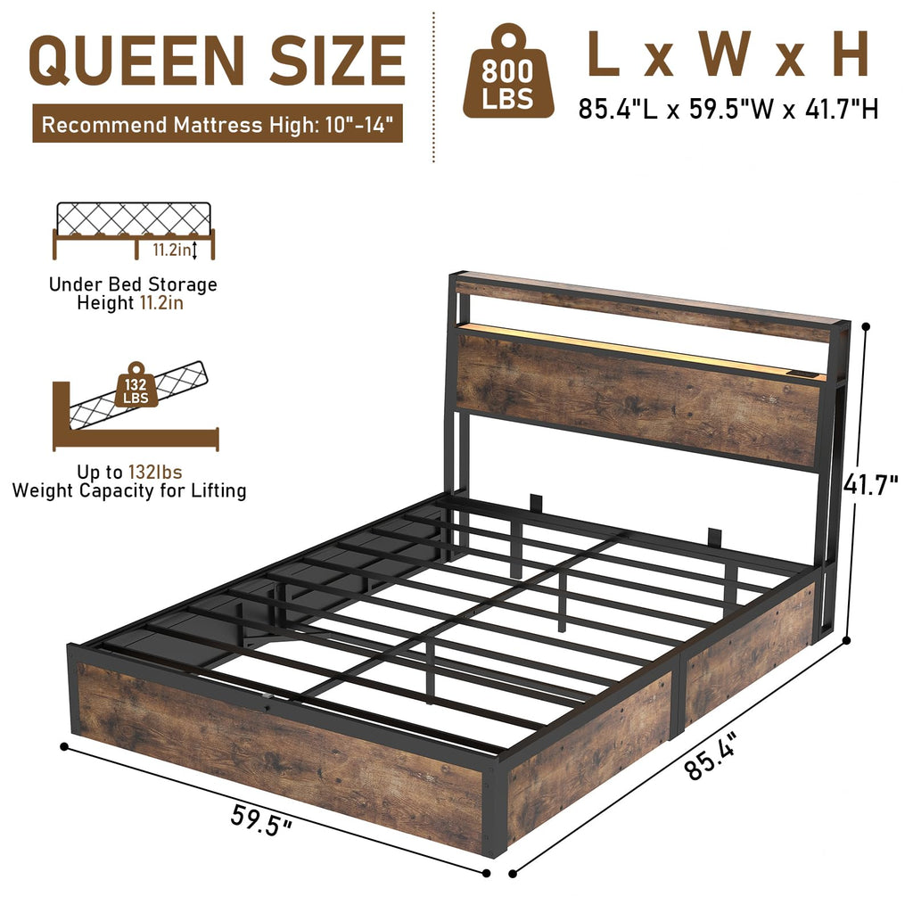 Metal Platform King Bed Frame Wood with 4 Drawers, LED Light, Charging Station, No Box Spring Needed, Noise Free, Easy Assembly, Grey