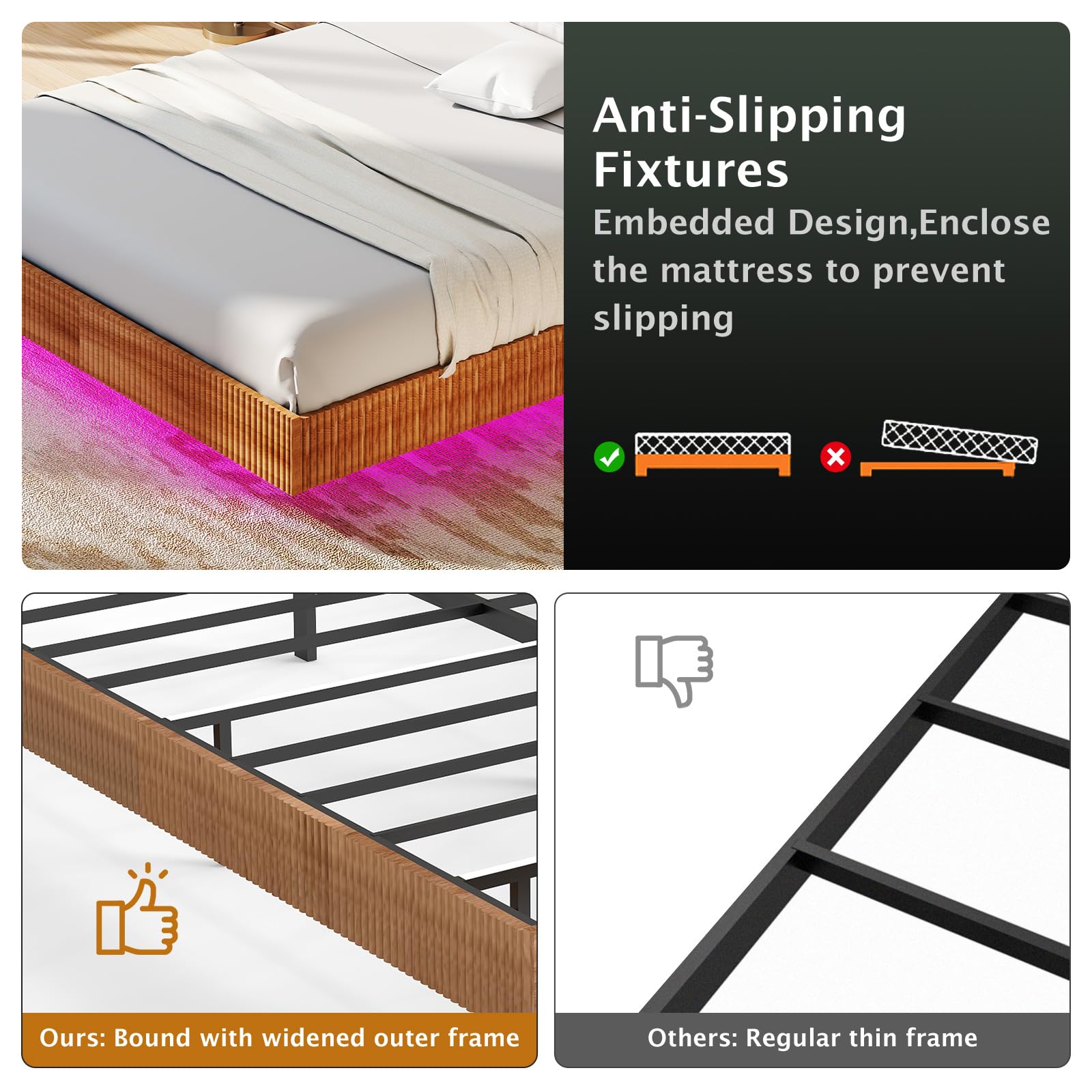 Floating Bed Frame Queen with LED Lights,No Box Spring Needed, Noise Free