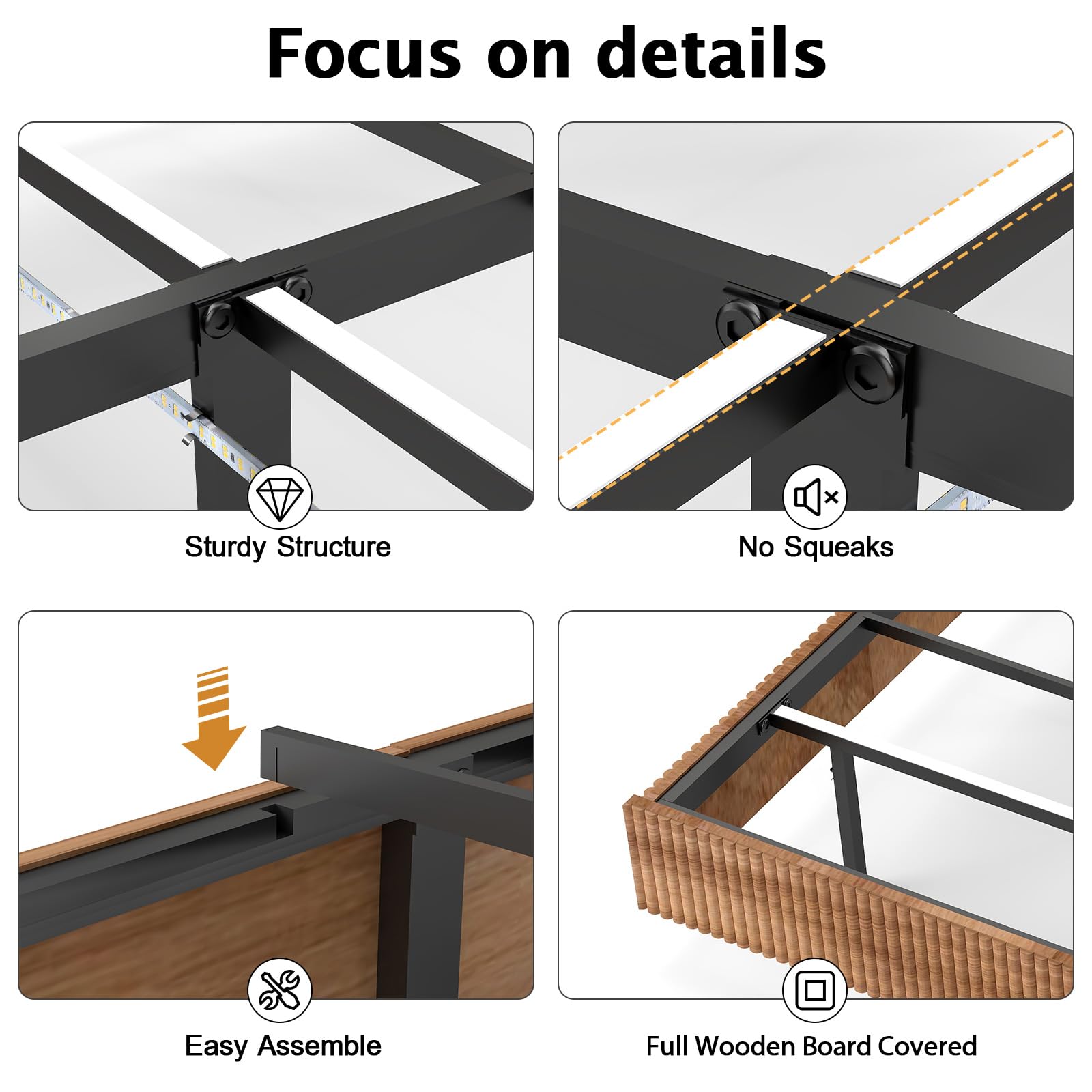 Floating Bed Frame Queen with LED Lights,No Box Spring Needed, Noise Free