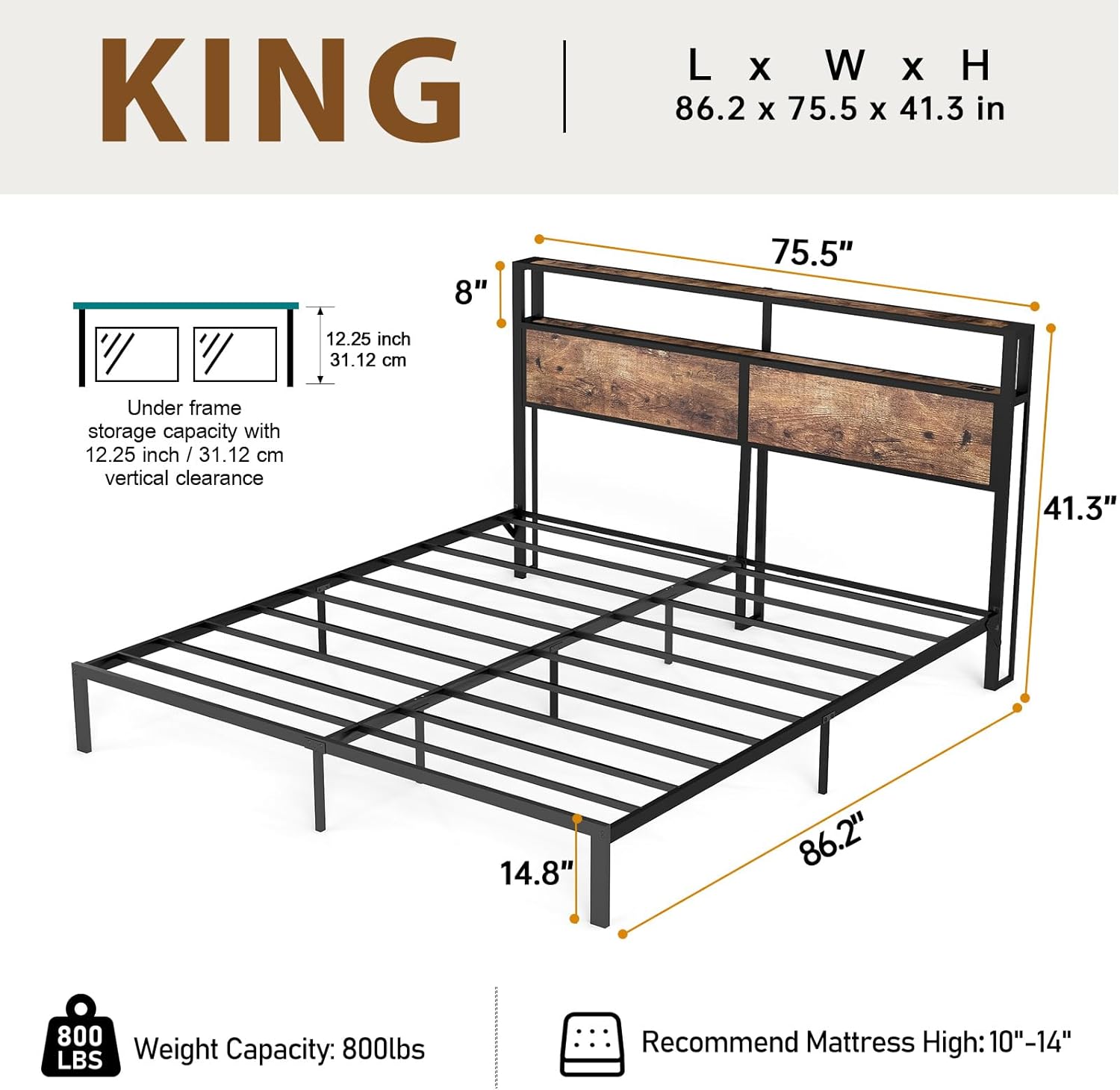 Metal Platform Bed Frame with LED Lights, Charging Station & Under-Bed Storage | Full, Queen & King