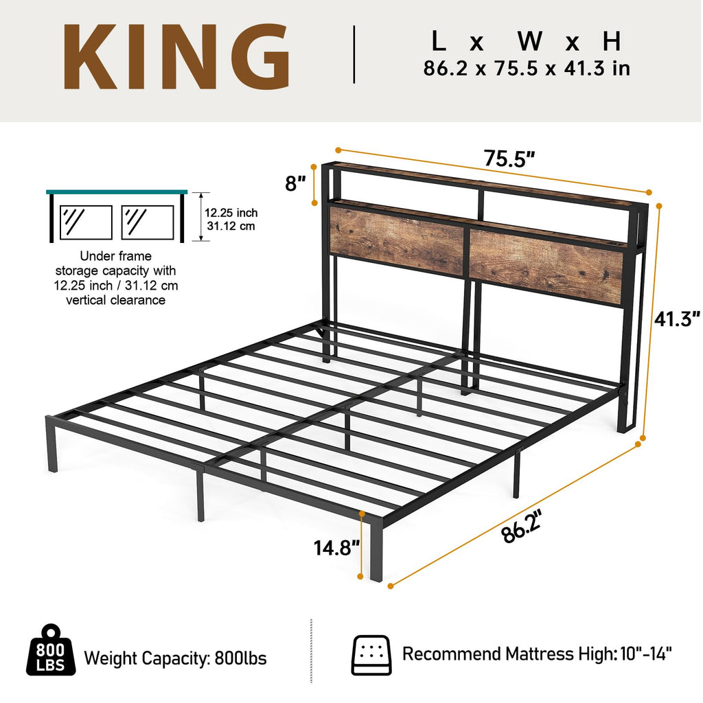 Metal Platform Bed Frame with LED Lights & Charging Station, Under Bed Storage, No Box Spring Needed, Noise Free, Dark Grey