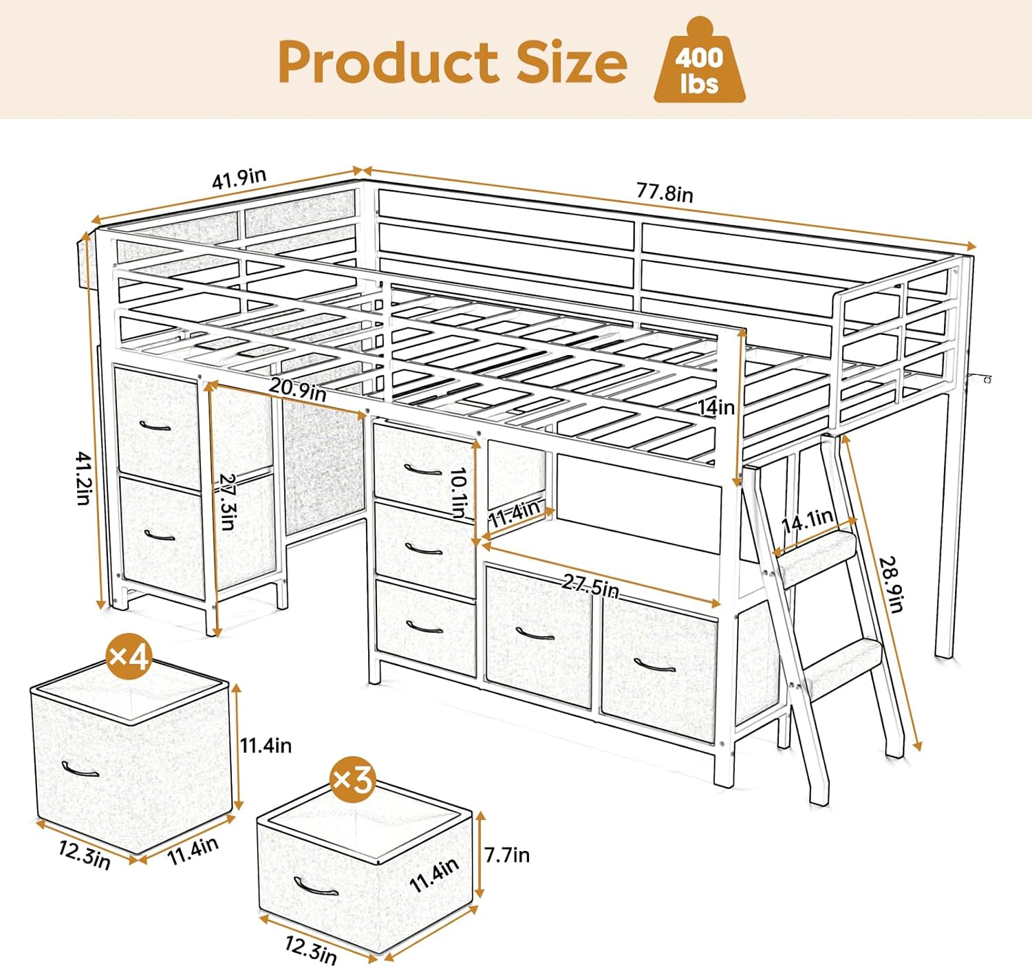 Low Loft Bed with 7 Storage Drawers and Bookcase