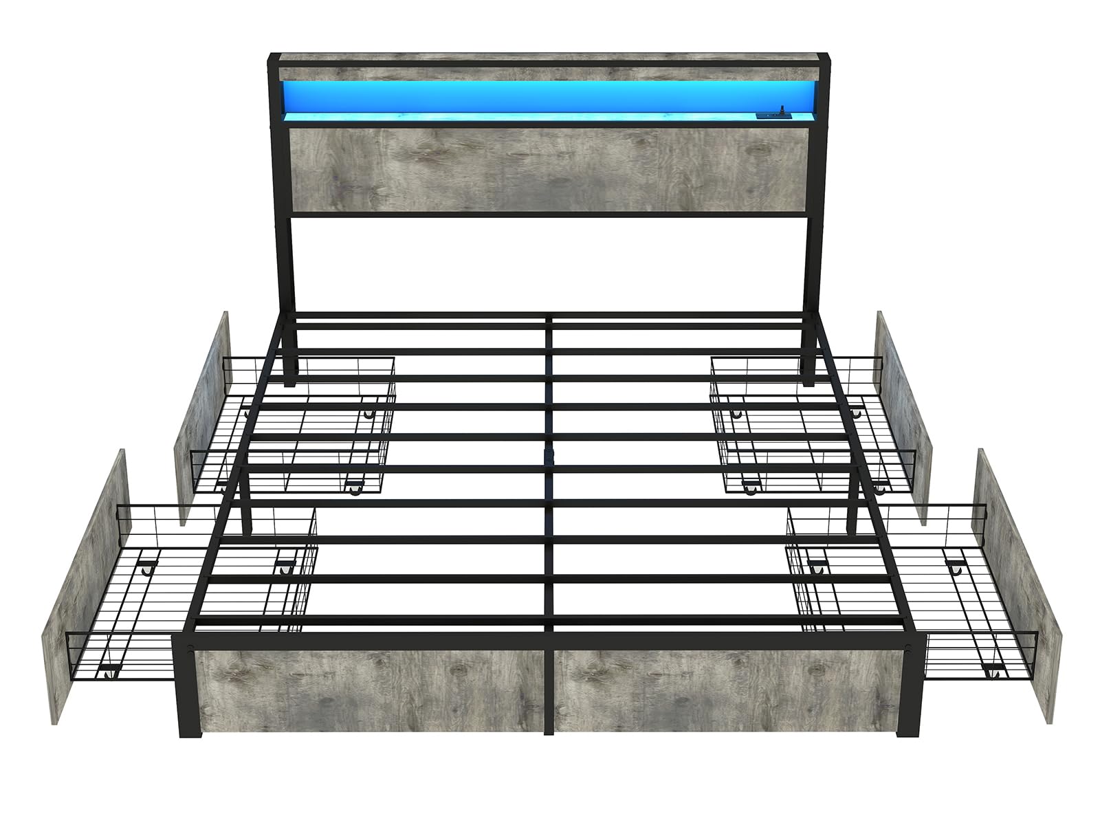 Metal Platform King Bed Frame Wood with 4 Drawers, LED Light, Charging Station, No Box Spring Needed, Noise Free, Easy Assembly, Grey