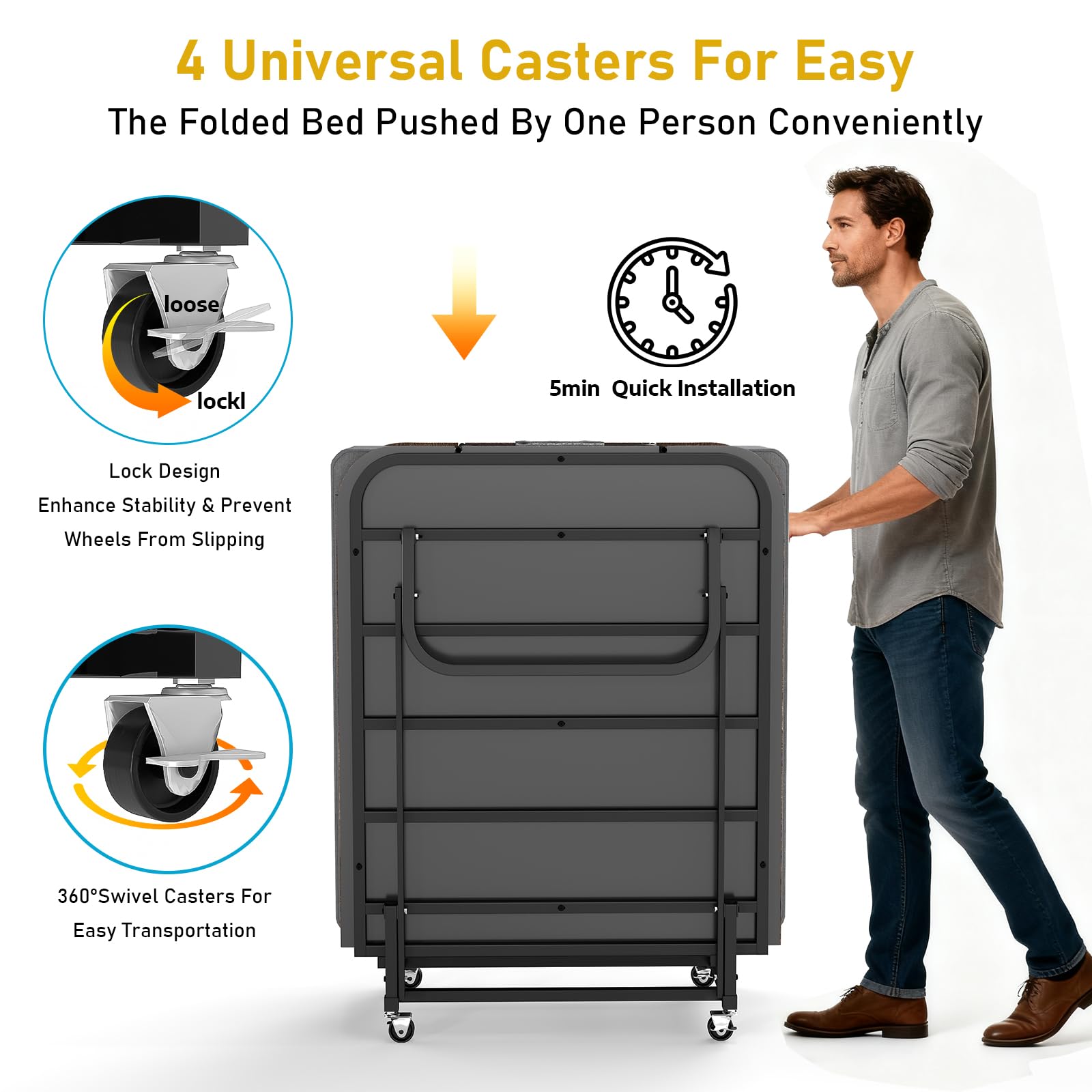 Folding Bed with Mattress for Adults, Portable Foldable Roll Away Bed on Wheels