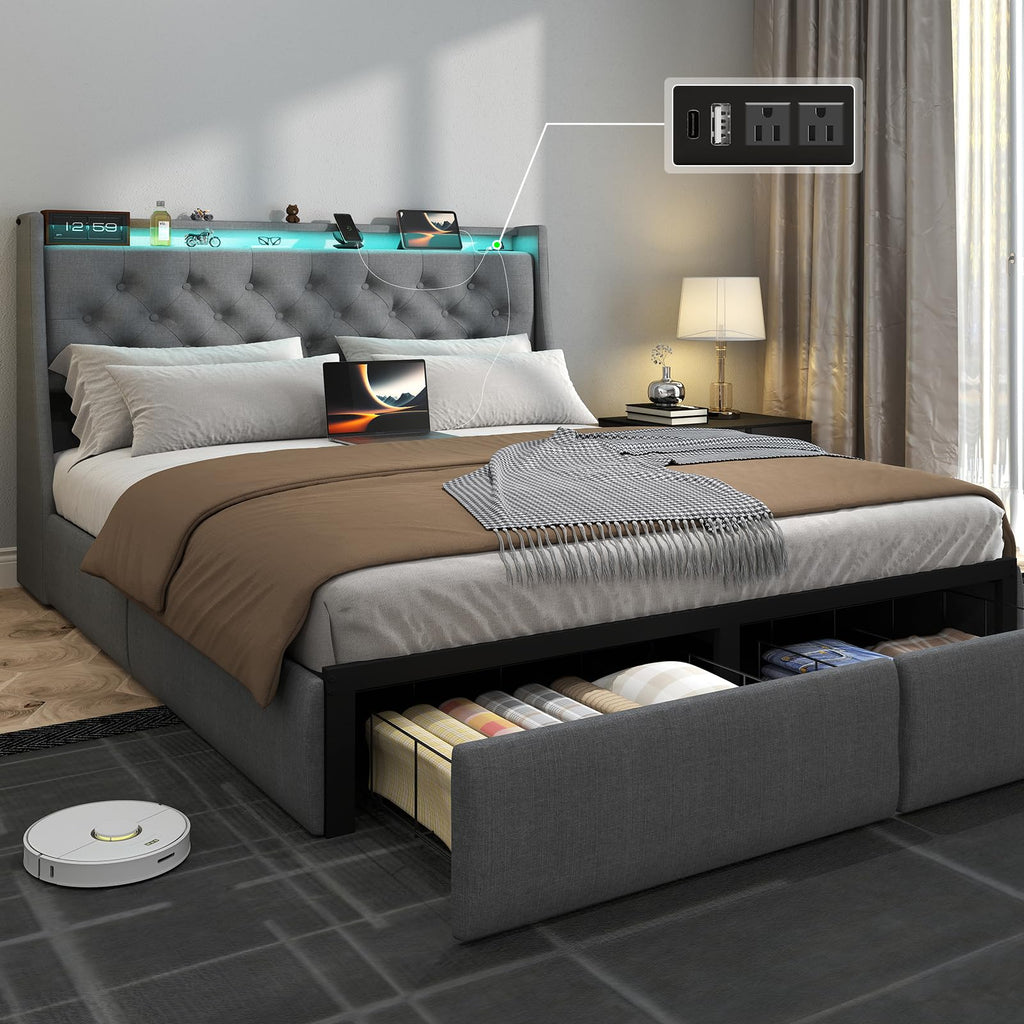 Queen Bed Frame with Storage Headboard and Drawers, Bed Frame Platform with LED Light, Charging Station, No Box Spring Needed, Noise Free, Easy Assembly, Grey