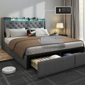 Queen Bed Frame with Storage Headboard and Drawers, Bed Frame Platform with LED Light, Charging Station, No Box Spring Needed, Noise Free, Easy Assembly, Grey