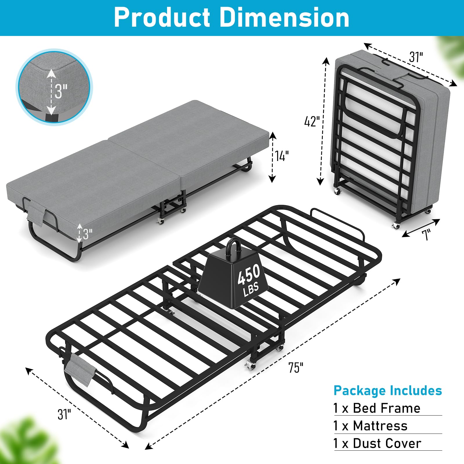Folding Bed with Mattress for Adults, Portable Foldable Roll Away Bed on Wheels