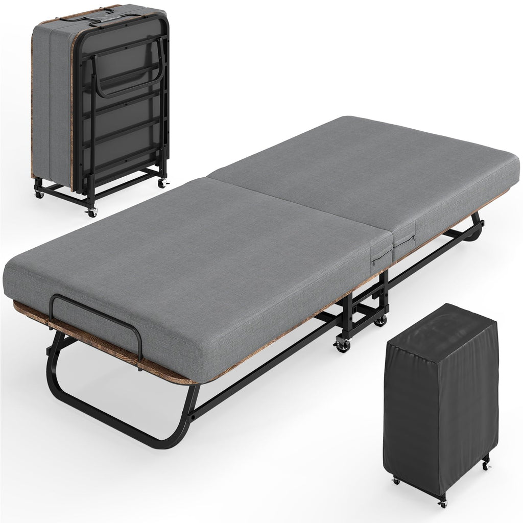 Folding Bed with Mattress for Adults, Portable Foldable Roll Away Bed on Wheels