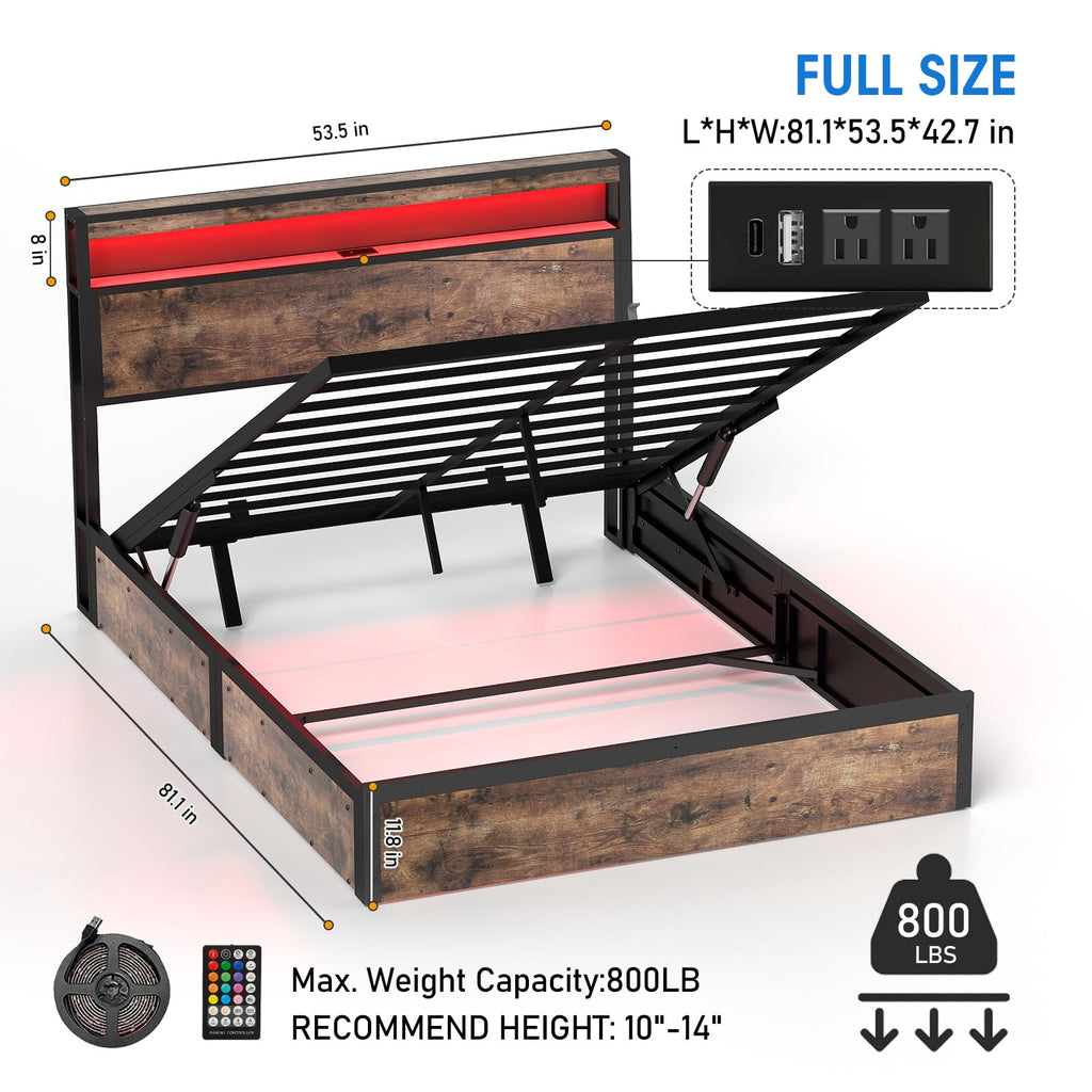 Full Size Lift Up Storage Bed Frame with Charging Station
