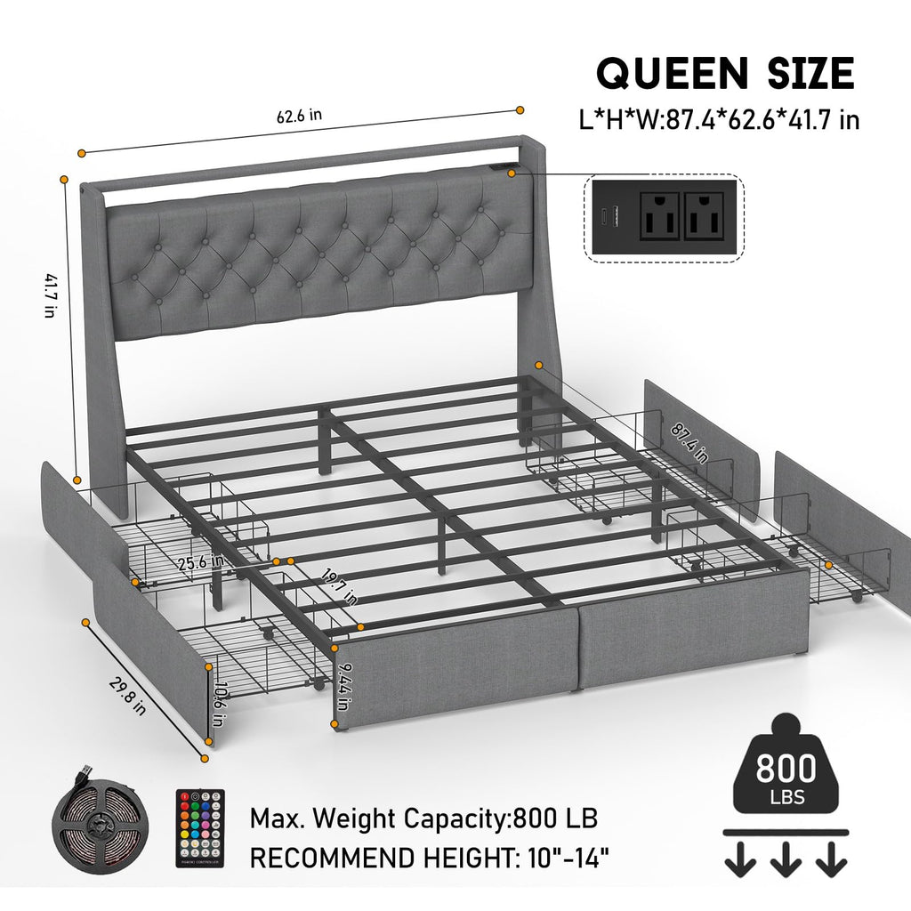 Queen Bed Frame with Headboard and 2 Storage Drawers