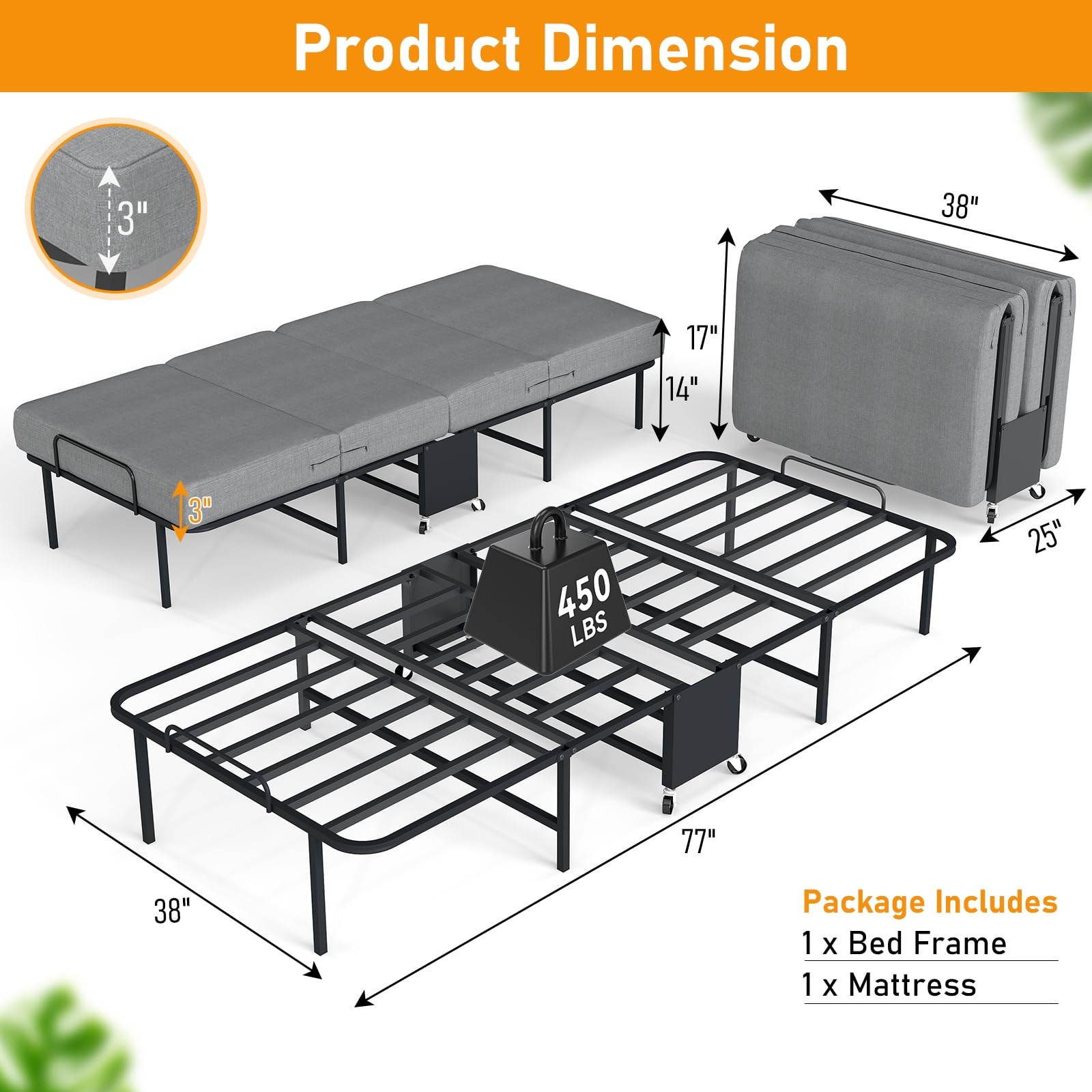 Folding Bed with Mattress for Adults, Portable Foldable Roll Away Bed on Wheels