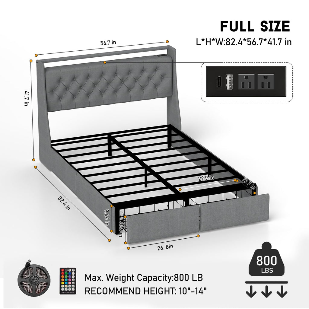 Queen Bed Frame with Headboard and 2 Storage Drawers