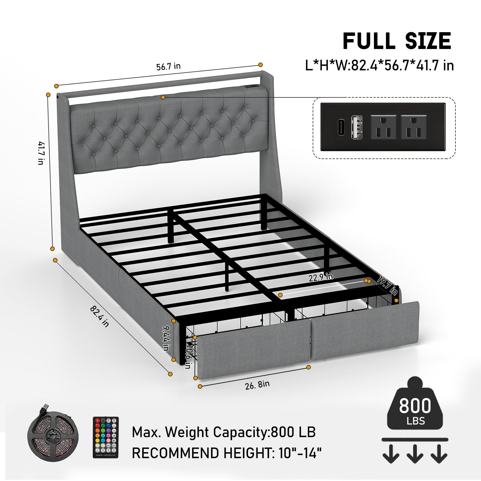 Queen Bed Frame with Headboard and 2 Storage Drawers