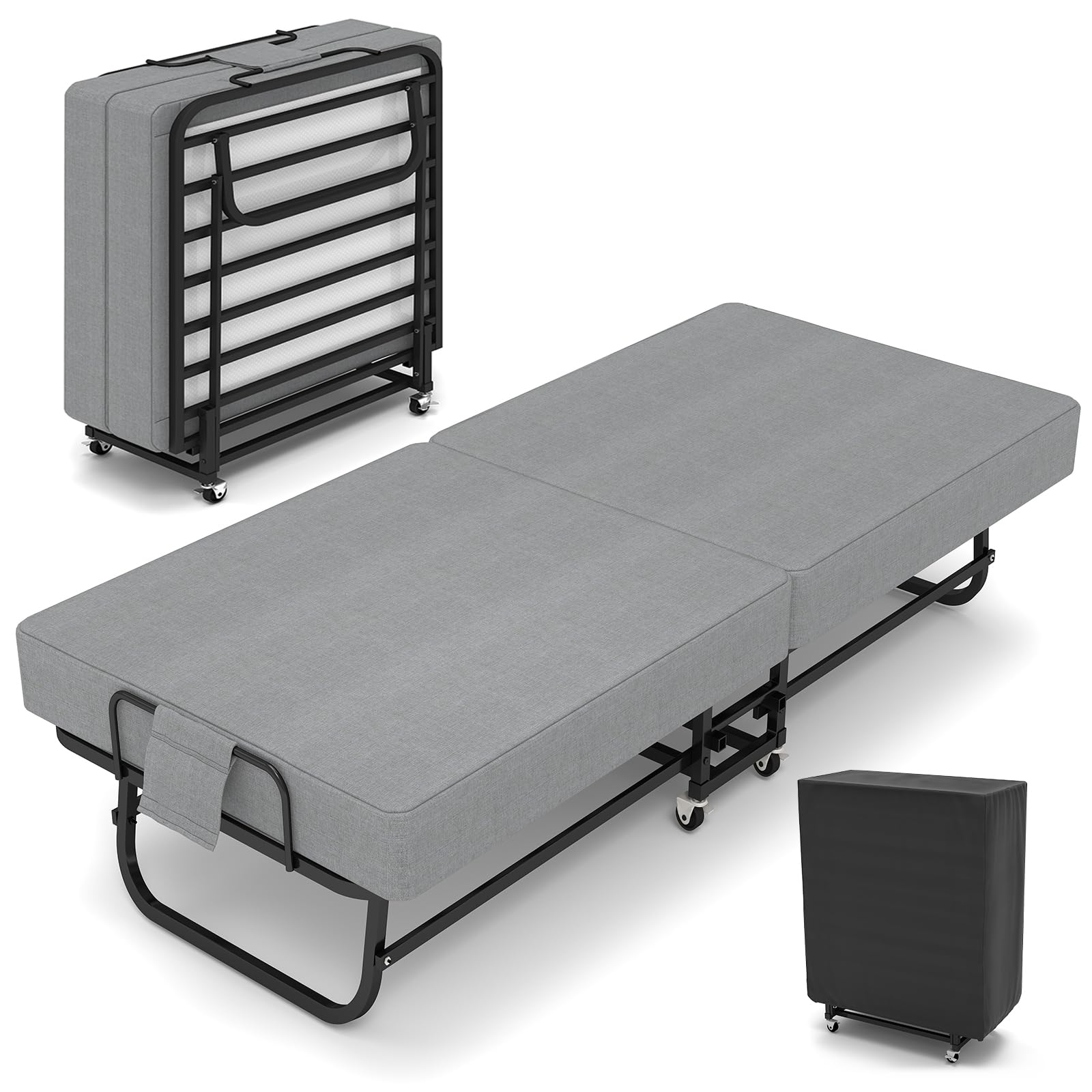 Folding Bed with Mattress for Adults, Portable Foldable Roll Away Bed on Wheels