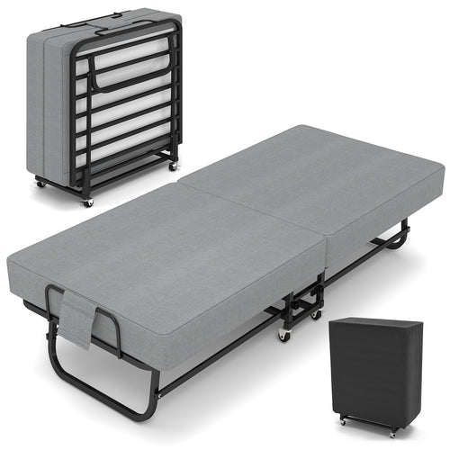 Folding Bed with Mattress for Adults, Portable Foldable Roll Away Bed on Wheels