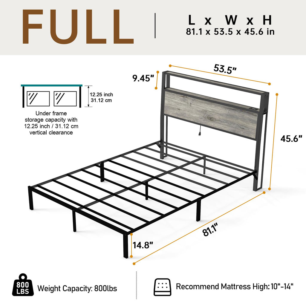Metal Platform Bed Frame with LED Lights & Charging Station, Under Bed Storage, No Box Spring Needed, Noise Free, Dark Grey