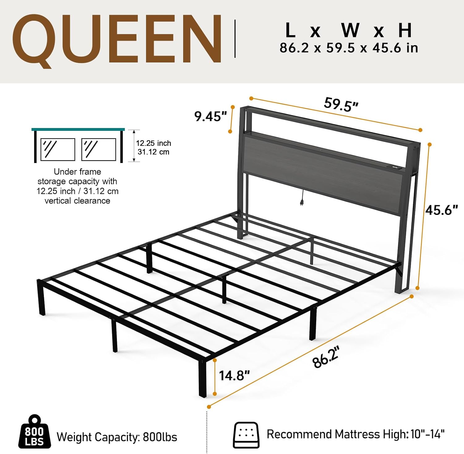 Metal Platform Bed Frame with LED Lights, Charging Station & Under-Bed Storage | Full, Queen & King