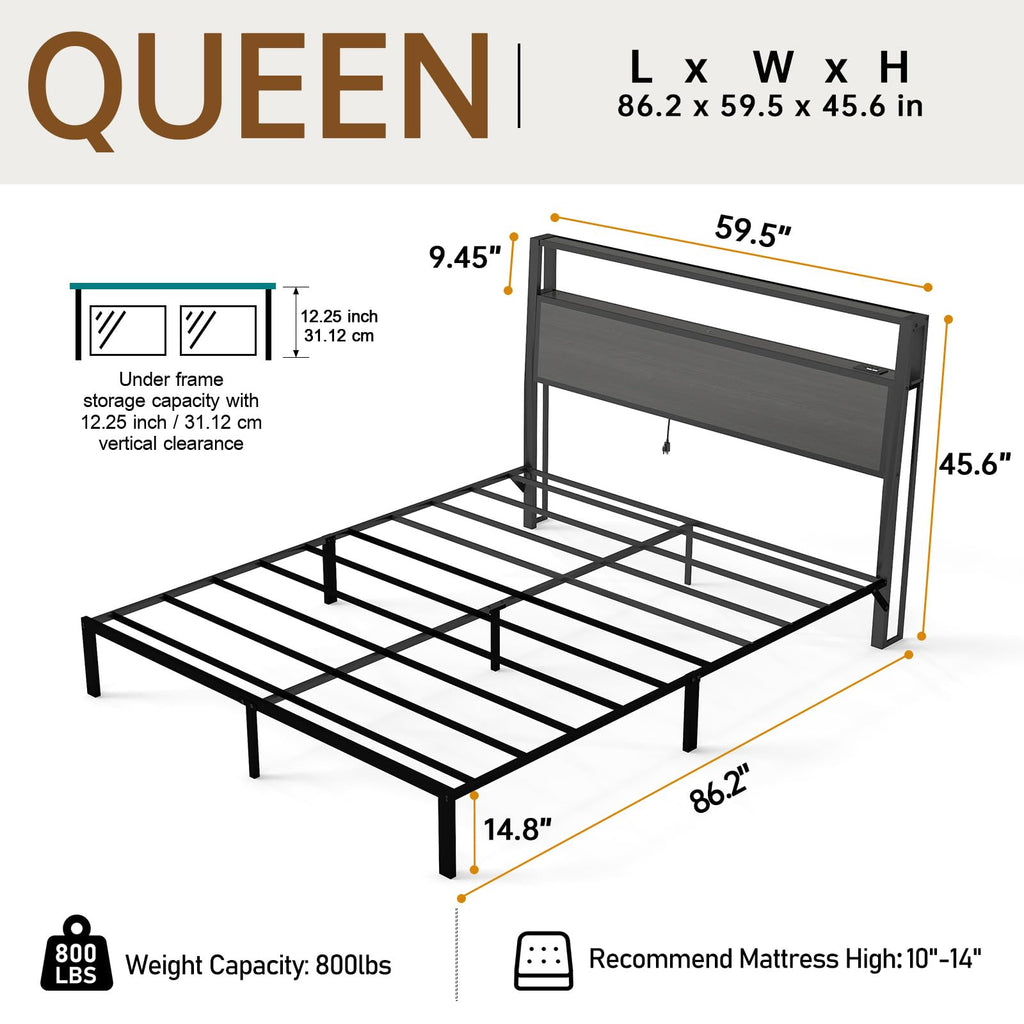 Metal Platform Bed Frame with LED Lights & Charging Station, Under Bed Storage, No Box Spring Needed, Noise Free, Dark Grey