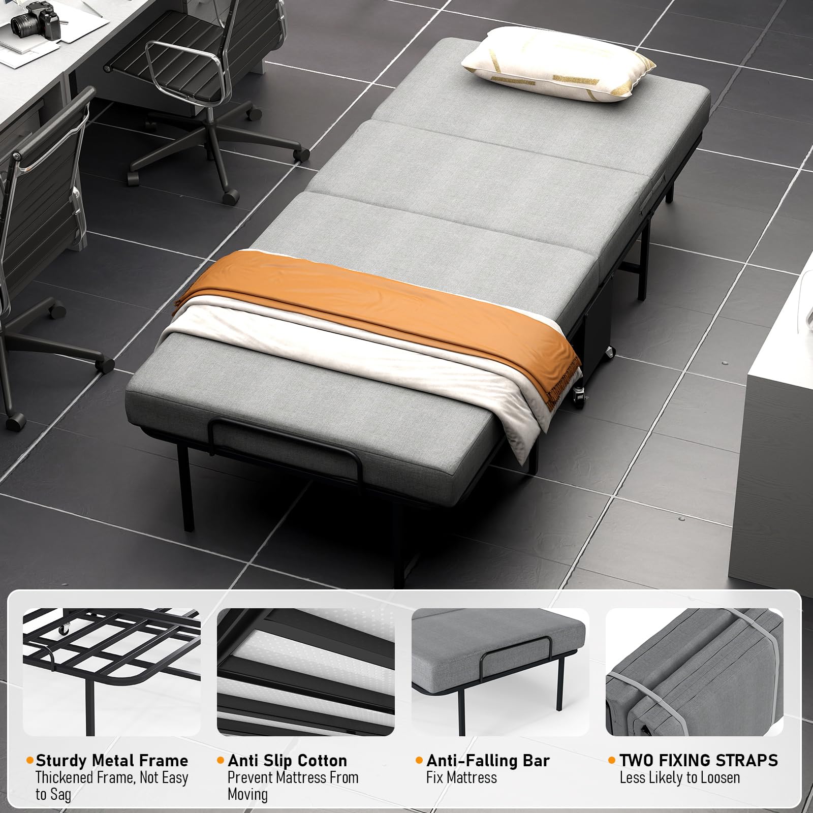 Folding Bed with Mattress for Adults, Portable Foldable Roll Away Bed on Wheels