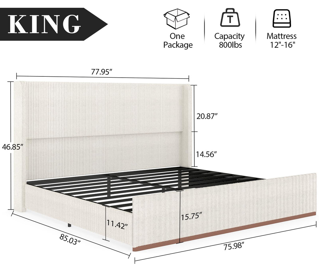 Queen Size Upholstered Platform Bed Frame, Soft Corduroy Bed Frame Queen with 47" Headboard, Solid Steel Slats, No Box Spring Needed, Noise Free, Easy Assembly, Cream