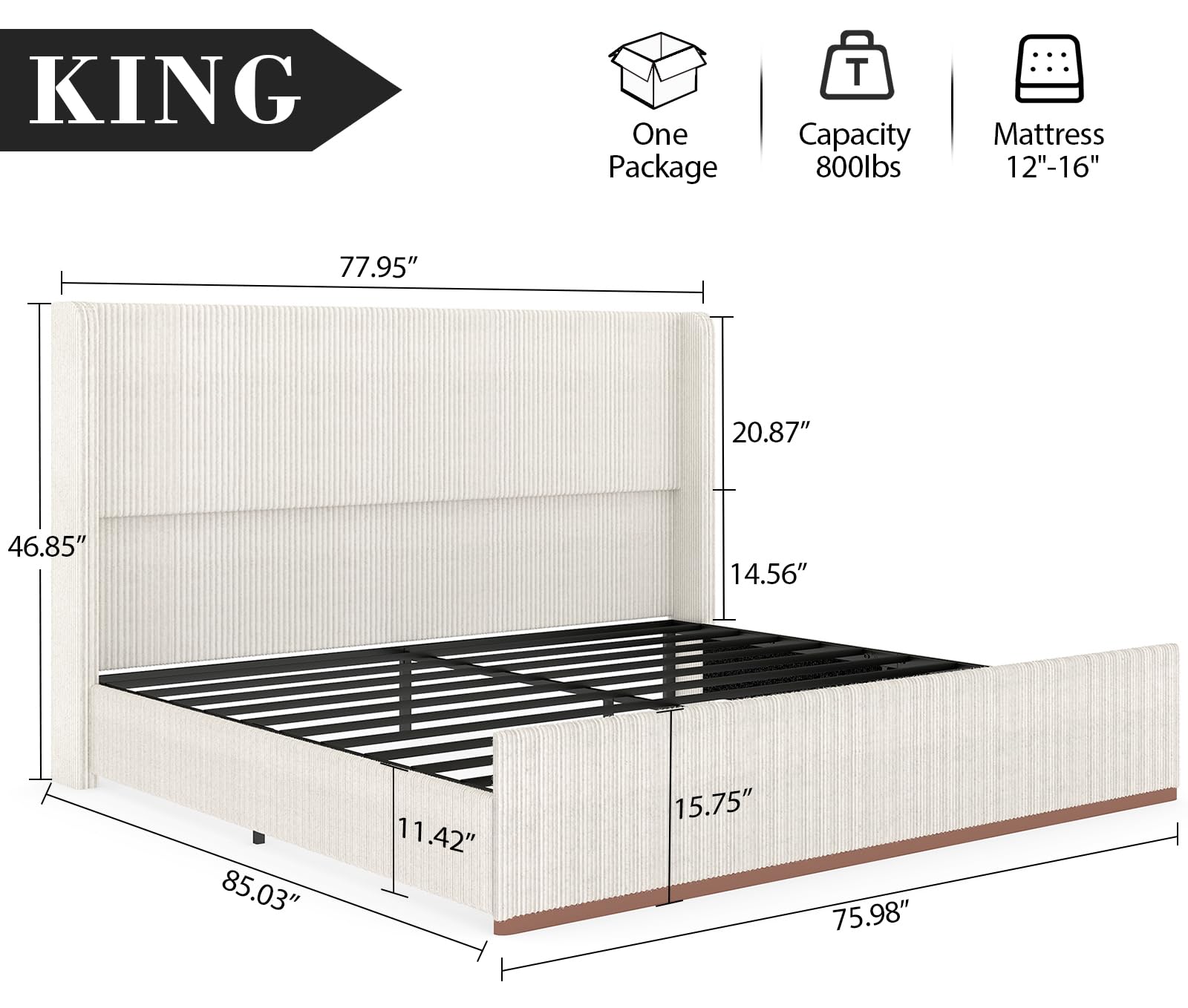 Queen Size Upholstered Platform Bed Frame, Soft Corduroy Bed Frame Queen with 47" Headboard, Solid Steel Slats, No Box Spring Needed, Noise Free, Easy Assembly, Cream