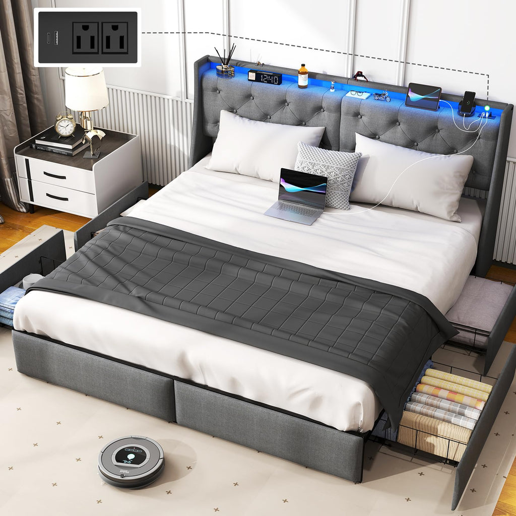 Upholstered Platform Bed Frame with Storage Drawers, LED Lights & Charging Station | Full, Queen & King