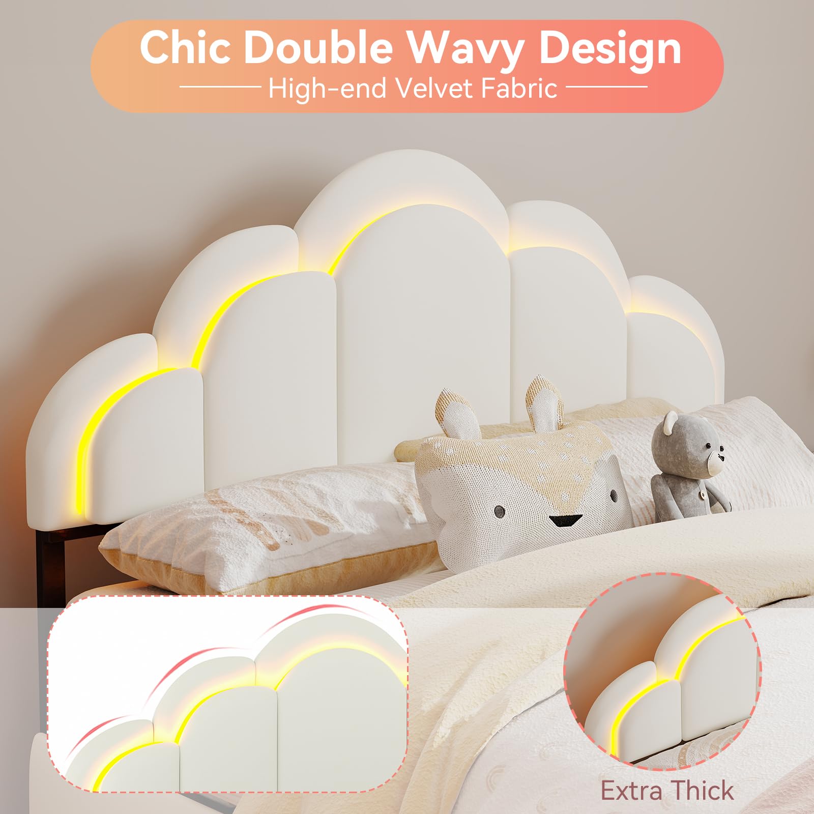 Chic Double Wavy Headboard Velvet Princess Platform Bed