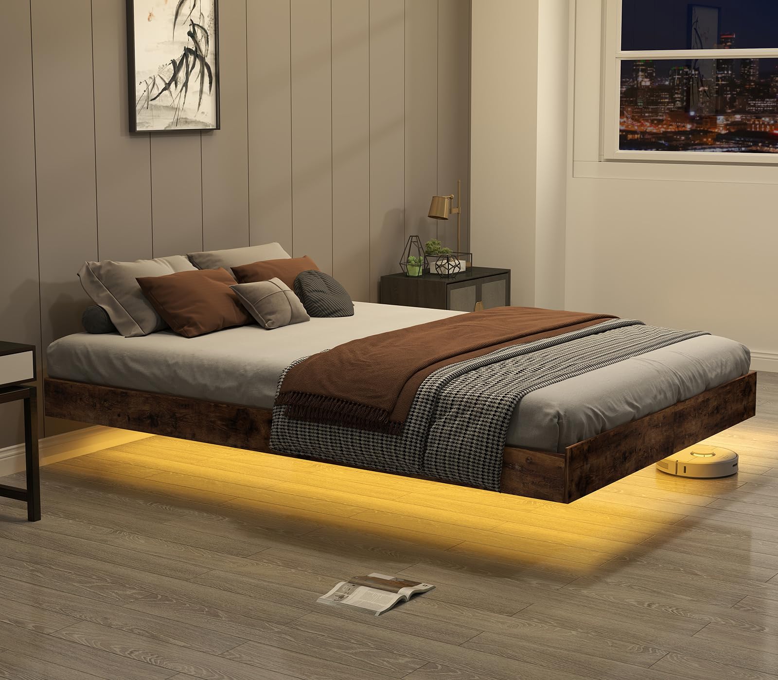 Floating Bed Frame Queen with LED Lights,No Box Spring Needed, Noise Free