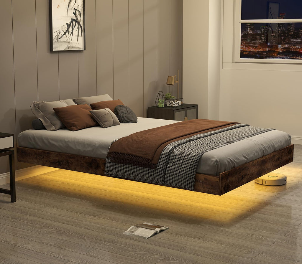 Floating Bed Frame Queen with LED Lights,No Box Spring Needed, Noise Free