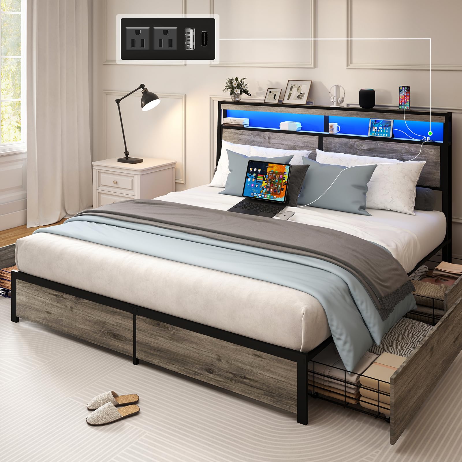 Metal Platform King Bed Frame Wood with 4 Drawers, LED Light, Charging Station, No Box Spring Needed, Noise Free, Easy Assembly, Grey