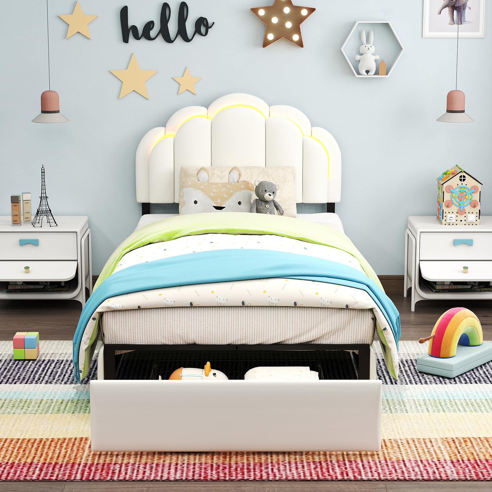 Chic Double Wavy Headboard Velvet Princess Platform Bed