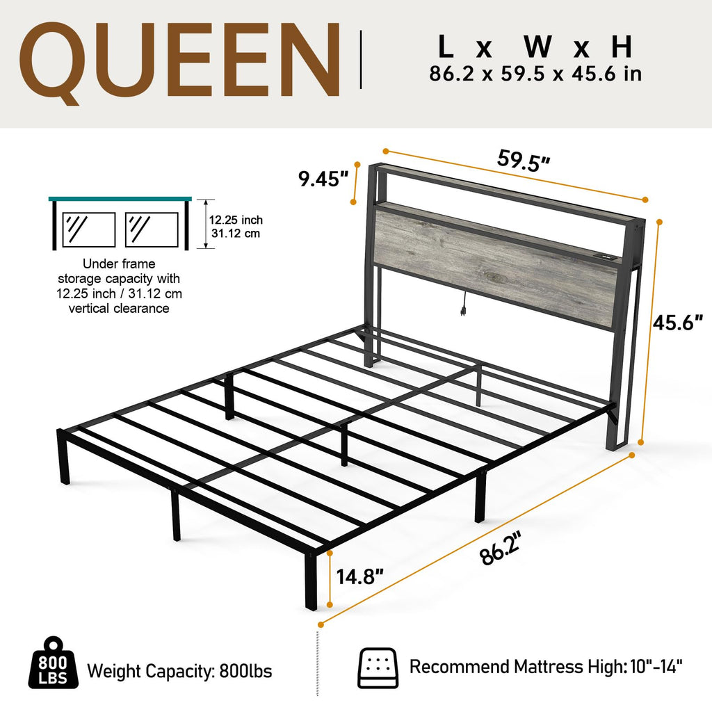 Metal Platform Bed Frame with LED Lights & Charging Station, Under Bed Storage, No Box Spring Needed, Noise Free, Dark Grey