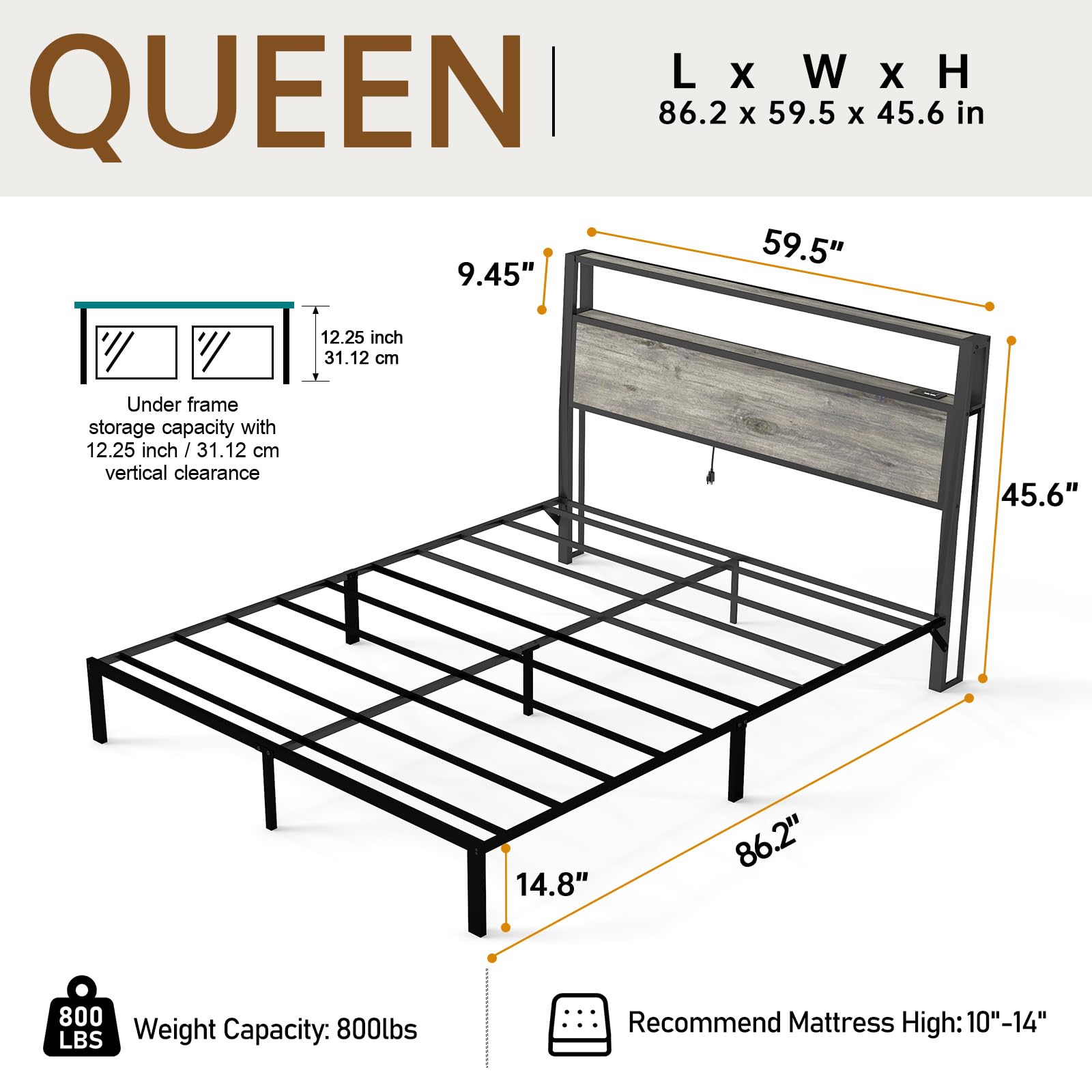 Metal Platform Bed Frame with LED Lights & Charging Station, Under Bed Storage, No Box Spring Needed, Noise Free, Dark Grey