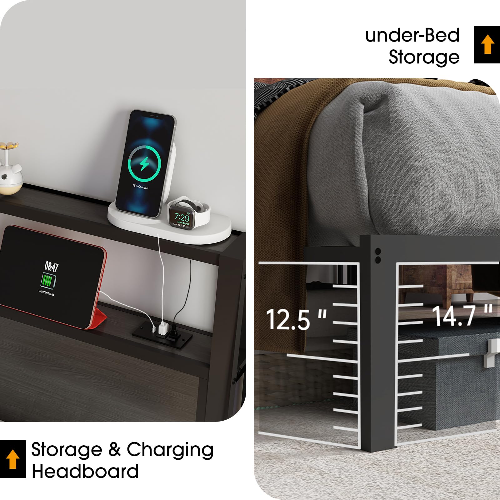 Metal Platform Bed Frame with LED Lights & Charging Station, Under Bed Storage, No Box Spring Needed, Noise Free, Dark Grey